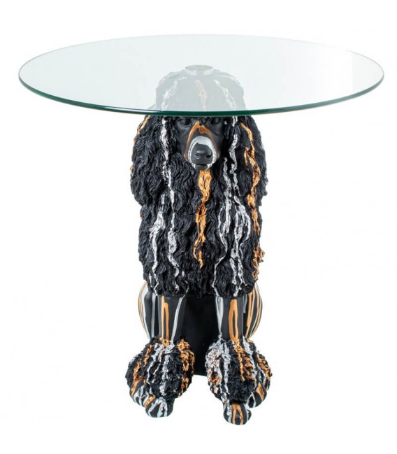 Mesita auxiliar original figura perro negro dorado blanco y cristal. mdmhogar