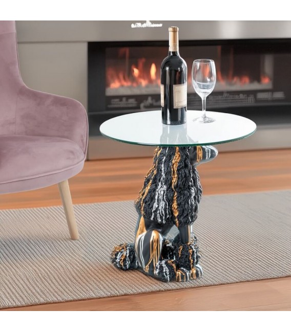 Mesita auxiliar original figura perro negro dorado blanco y cristal. mdmhogar