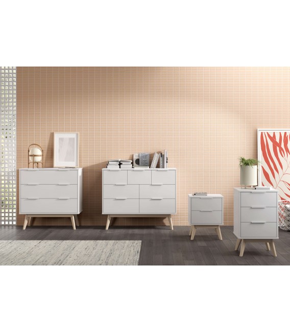 Mesita de noche estilo nórdico lacado en color blanco y madera natural mdmhogar