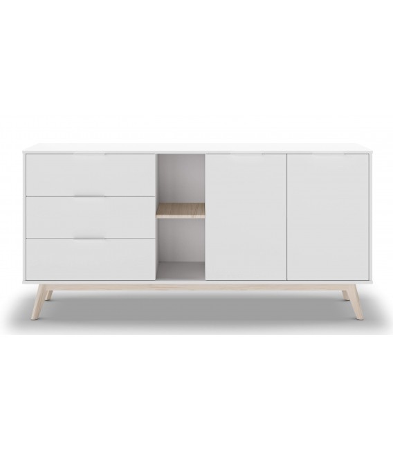 Aparador grande de línea nórdica lacado blanco y madera natural  mdmhogar