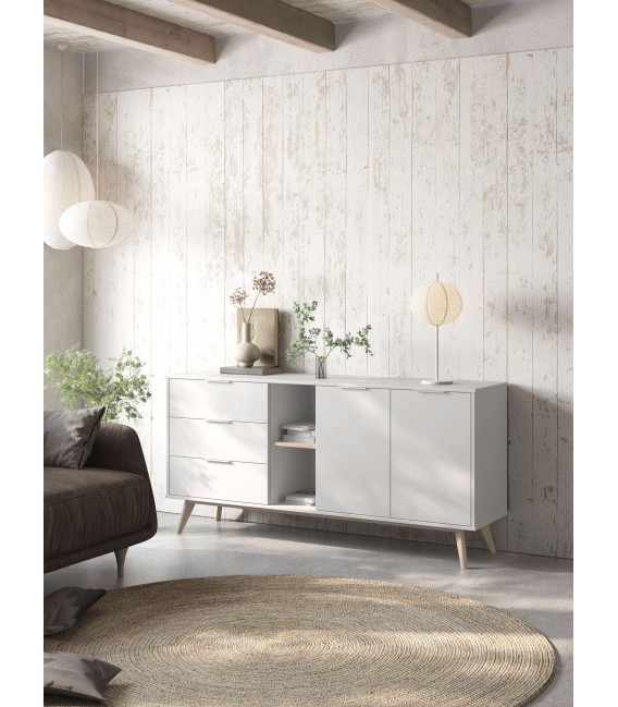 Aparador grande de línea nórdica lacado blanco y madera natural  mdmhogar