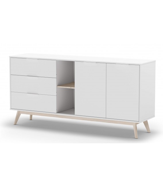 Aparador grande de línea nórdica lacado blanco y madera natural  mdmhogar