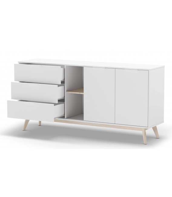 Aparador grande de línea nórdica lacado blanco y madera natural  mdmhogar