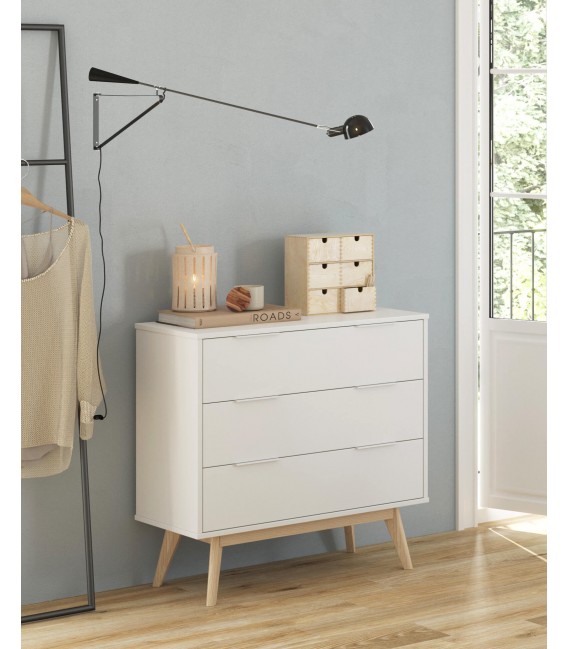 Cómoda pequeña blanca y madera natural con 3 cajones mdmhogar