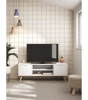 Mueble de TV de línea nórdica lacado color blanco y madera 2 puertas mdmhogar