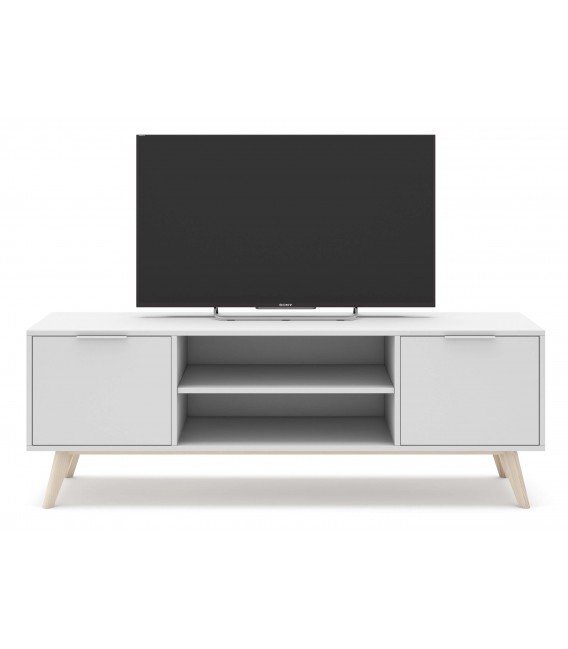 Mueble de TV de línea nórdica lacado color blanco y madera 2 puertas mdmhogar