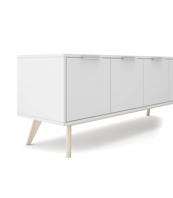 Mueble Tv mediano nórdico lacado blanco y madera natural 4 puertas mdmhogar