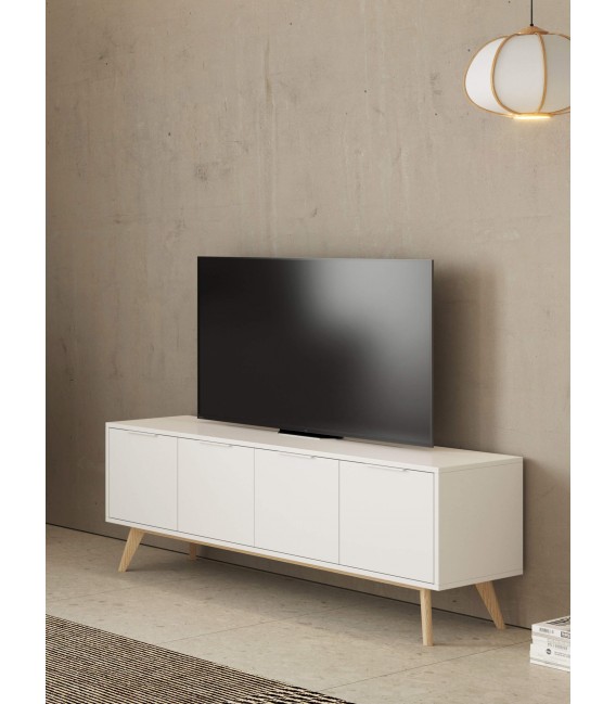 Mueble Tv mediano nórdico lacado blanco y madera natural 4 puertas mdmhogar