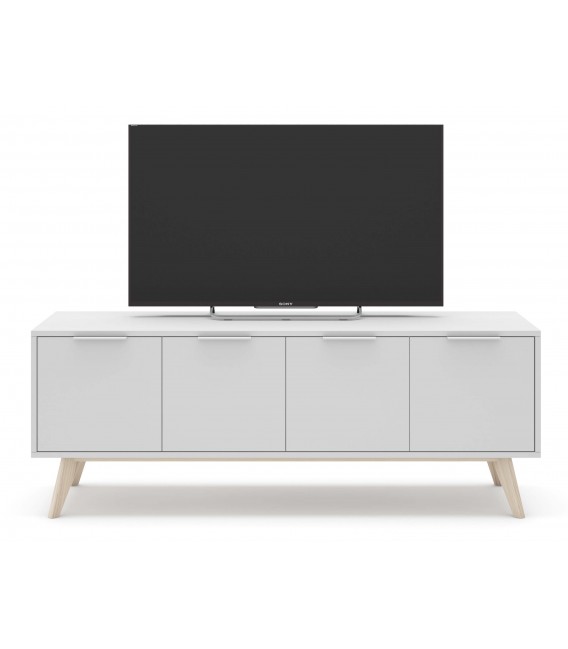 Mueble Tv mediano nórdico lacado blanco y madera natural 4 puertas mdmhogar