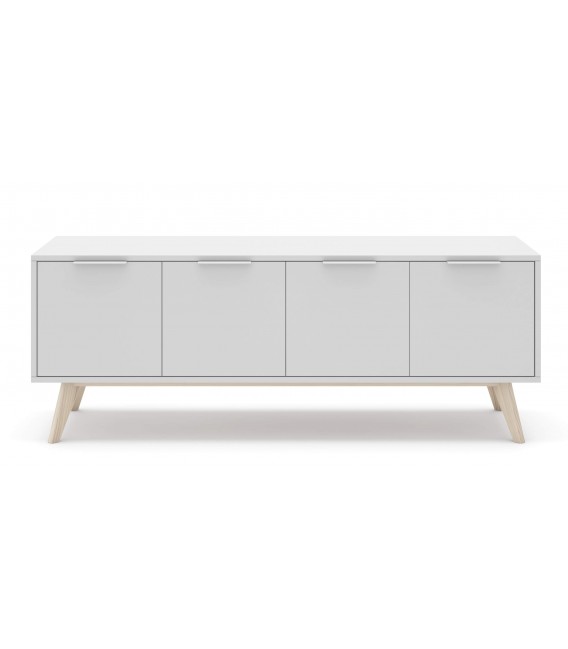 Mueble Tv mediano nórdico lacado blanco y madera natural 4 puertas mdmhogar