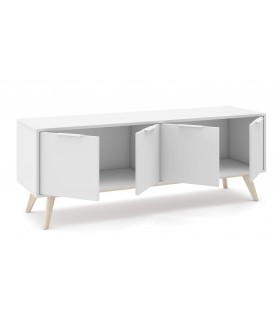 Mueble Tv mediano nórdico lacado blanco y madera natural 4 puertas mdmhogar