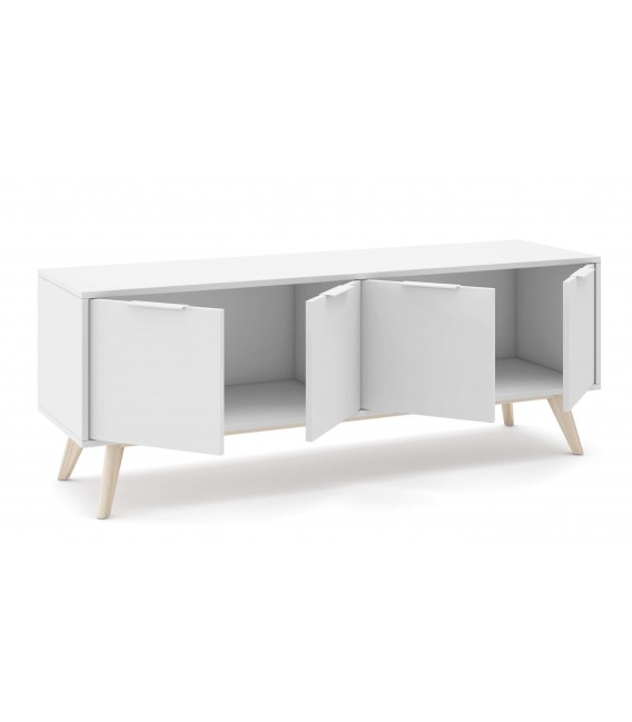 Mueble Tv mediano nórdico lacado blanco y madera natural 4 puertas mdmhogar