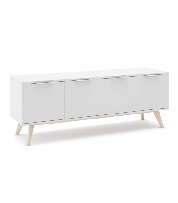 Mueble Tv mediano nórdico lacado blanco y madera natural 4 puertas mdmhogar