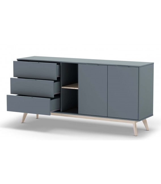 aparador lacado en color gris y madera natural 2 puertas y 3 cajones mdmhogar