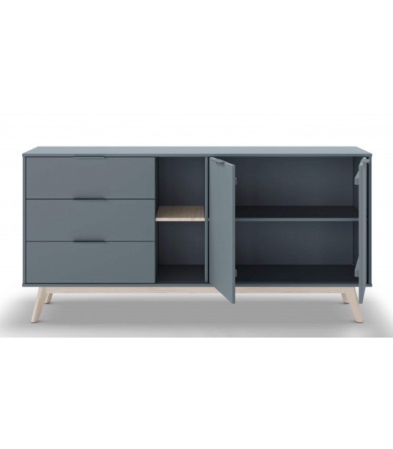 aparador lacado en color gris y madera natural 2 puertas y 3 cajones mdmhogar