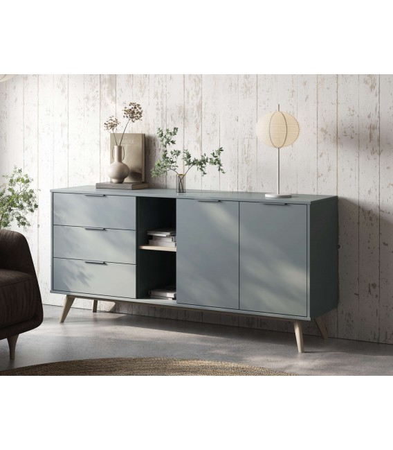 aparador lacado en color gris y madera natural 2 puertas y 3 cajones mdmhogar