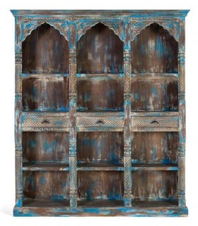 Estantería librería grande madera de mango tallada decapada en azul