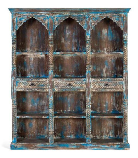 Estantería librería grande madera de mango tallada decapada en azul