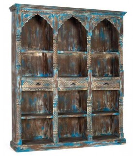 Estantería librería grande madera de mango tallada decapada en azul