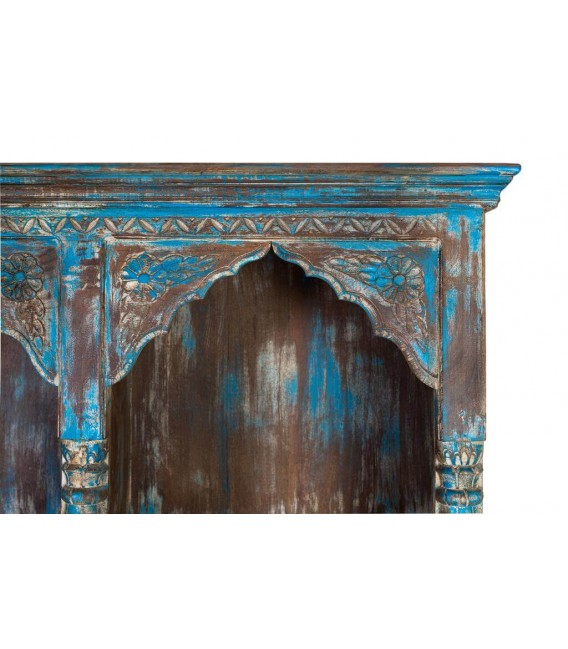 Estantería librería grande madera de mango tallada decapada en azul