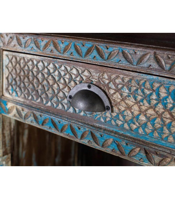 Estantería librería grande madera de mango tallada decapada en azul