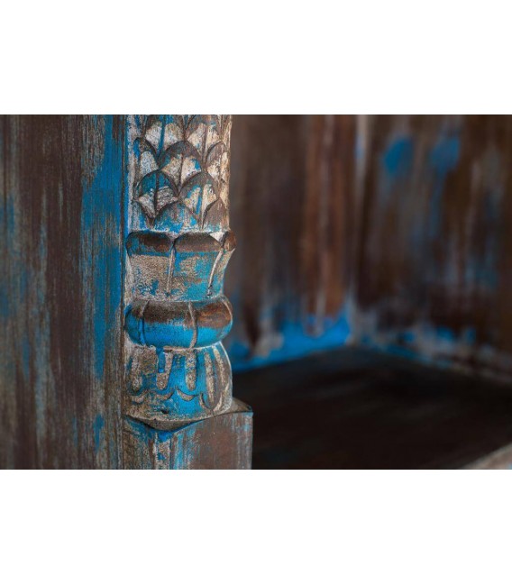 Estantería librería grande madera de mango tallada decapada en azul