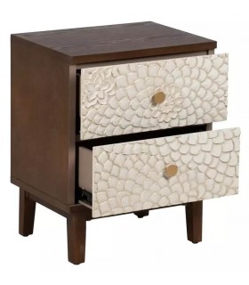 Mesita de noche pino color nogal cajones tallados color blanco rozado mdnhogar