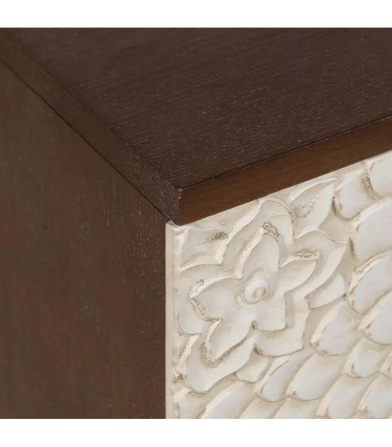 Mesita de noche pino color nogal cajones tallados color blanco rozado mdnhogar