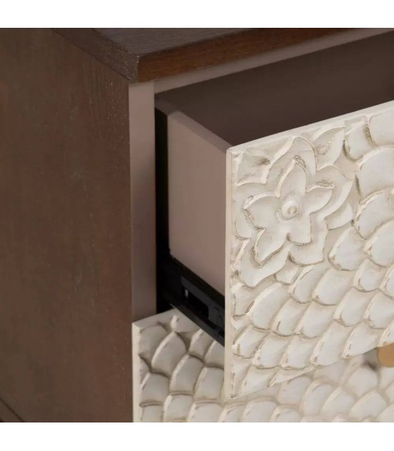 Mesita de noche pino color nogal cajones tallados color blanco rozado mdnhogar