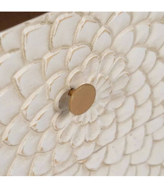 Mesita de noche pino color nogal cajones tallados color blanco rozado mdnhogar