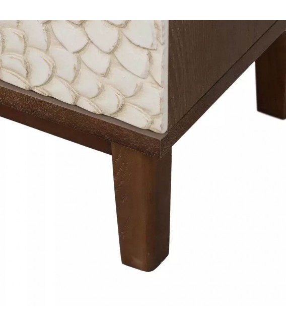 Mesita de noche pino color nogal cajones tallados color blanco rozado mdnhogar