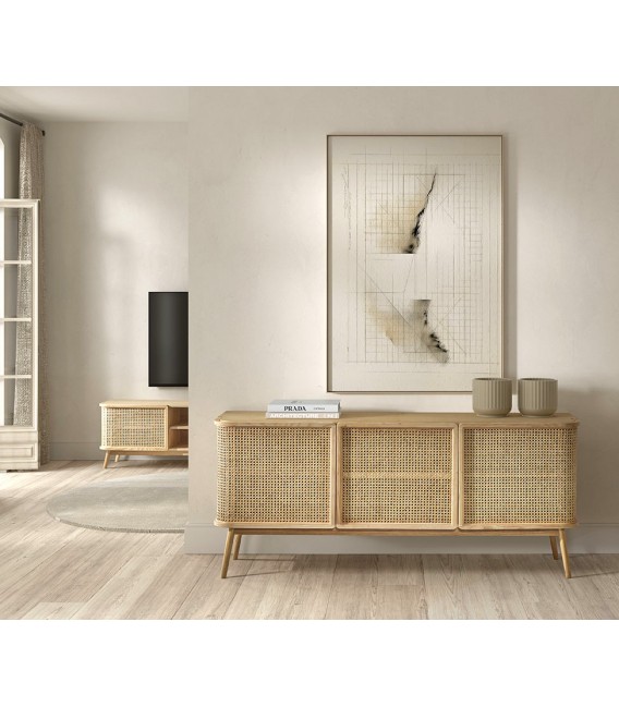 Aparador madera de roble combinado con ratán acabado natural. mdmhogar