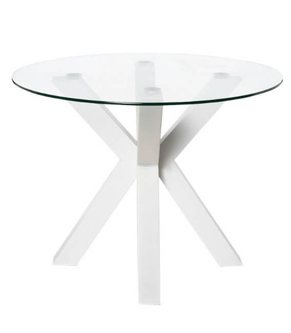 Mesa de comedor redonda metal blanco cristal templado de 2 cm  mdmhogar