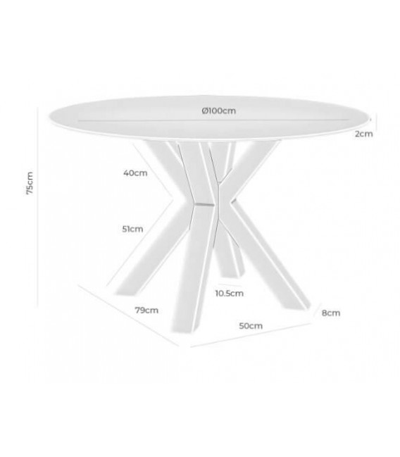 Mesa de comedor redonda metal blanco cristal templado de 2 cm  mdmhogar