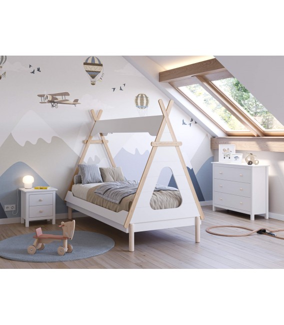 Cama individual infantil tipi madera natural y laca blanca Tres Cantos mdmhogar