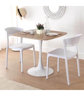 Mesa de comedor cuadrada pequeña metal blanco mdf roble tostado mdmhogar