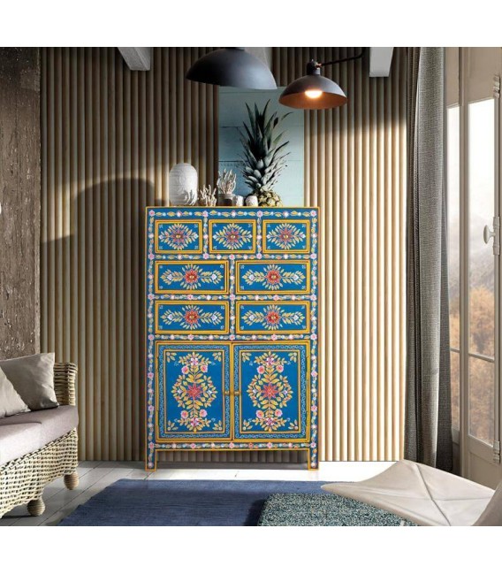 Taquillón alto madera de mango detalles pintados a mano mdmhogar