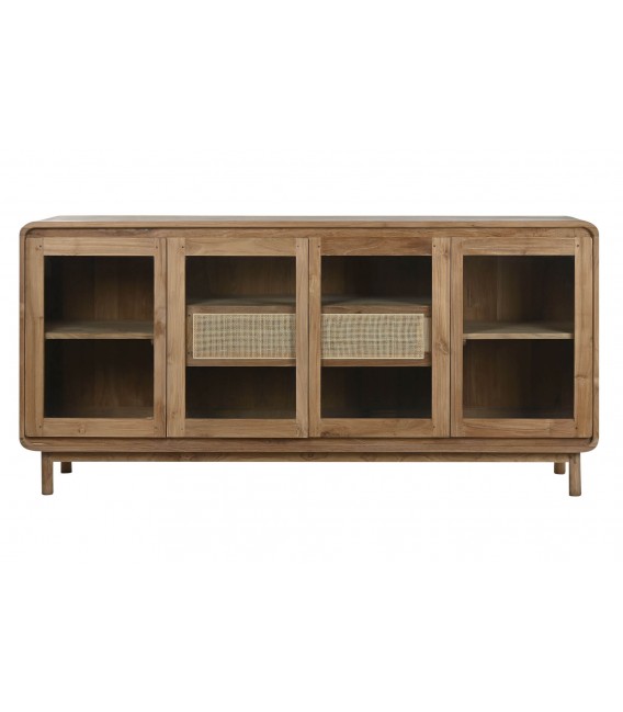 Aparador 4 puertas de cristal dos cajones madera de teca ratán natural mdmhogar