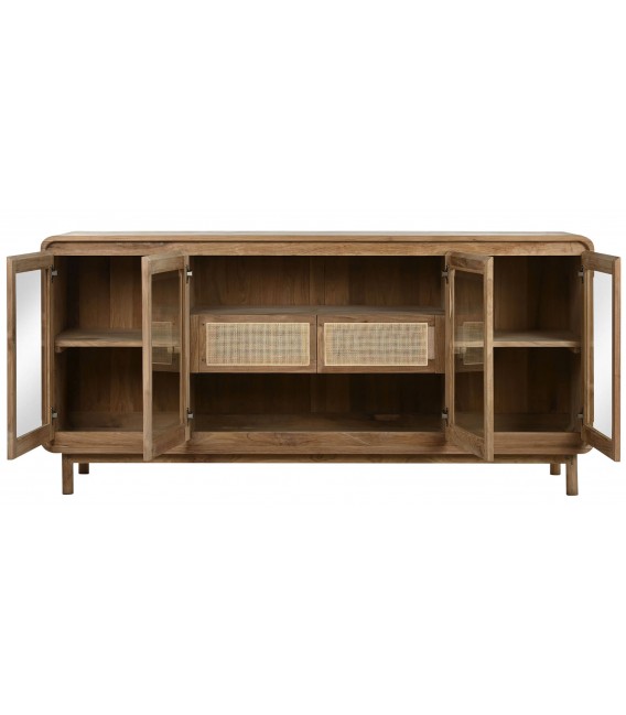Aparador 4 puertas de cristal dos cajones madera de teca ratán natural mdmhogar