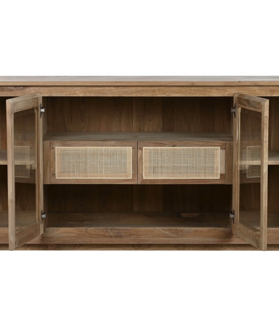 Aparador 4 puertas de cristal dos cajones madera de teca ratán natural mdmhogar