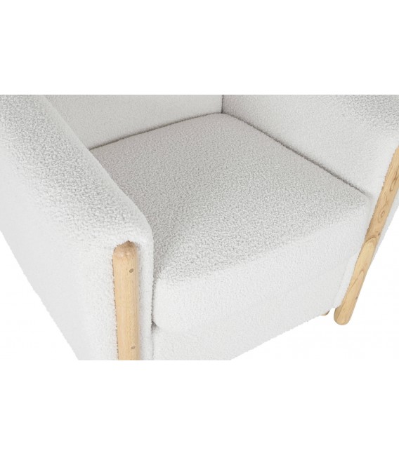 Sillón cómodo tela boucle color blanco patas en madera natural mdmhogar