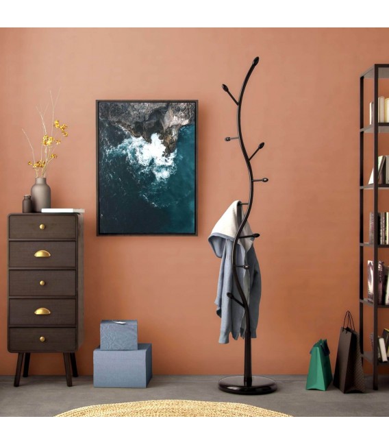 Perchero de pie original con 8 colgadores metal y madera negro mdmhogar