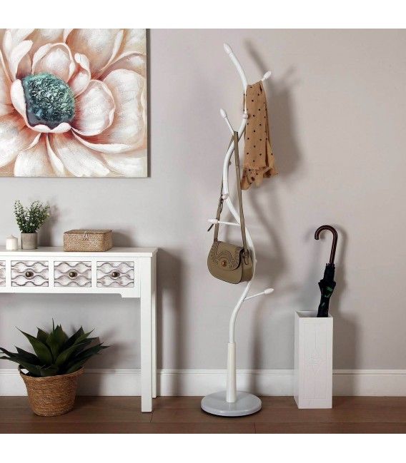 Perchero de pie original con 8 colgadores metal y madera blanco mdmhogar
