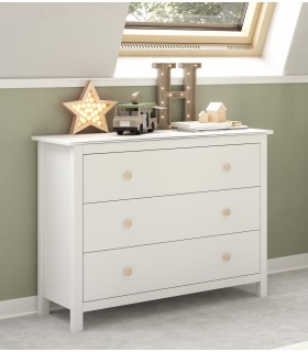 Cómoda 3 cajones madera de pino lacado en blanco y madera natural mdmhogar