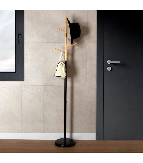 Perchero de pie con 6 colgadores madera natural y metal negro mdmhogar