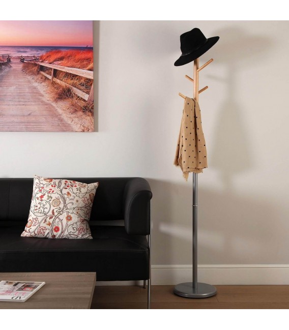 Perchero de pie con 6 colgadores madera natural metal gris mdmhogar