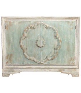 Aparador pequeño madera pino tallado decapado en color blanco y verde mdmhogar