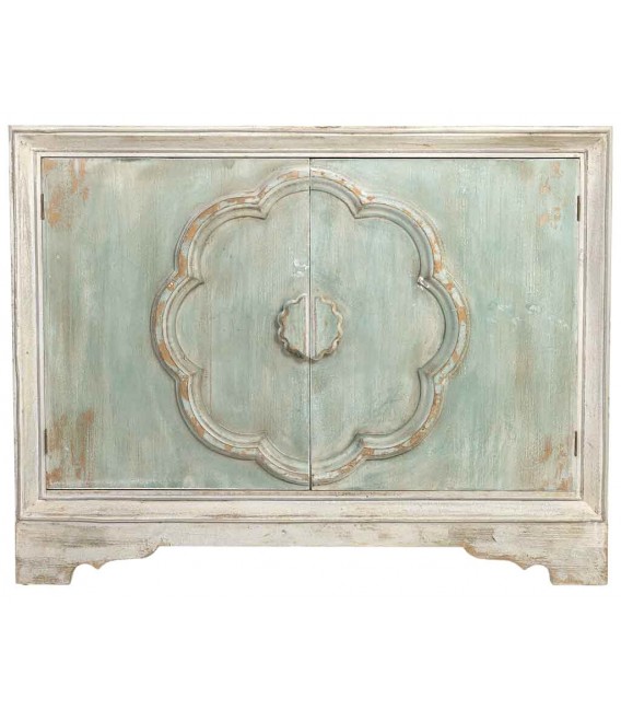 Aparador pequeño madera pino tallado decapado en color blanco y verde mdmhogar