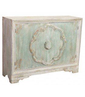 Aparador pequeño madera pino tallado decapado en color blanco y verde mdmhogar