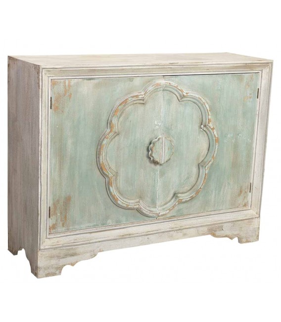 Aparador pequeño madera pino tallado decapado en color blanco y verde mdmhogar